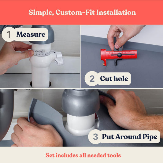 3 in 1 SET: Under Sink Mat with Cutout for Pipes-Cut to Size Under Sink Mat 34x22''-Cut to Fit Sink Mats Silicone