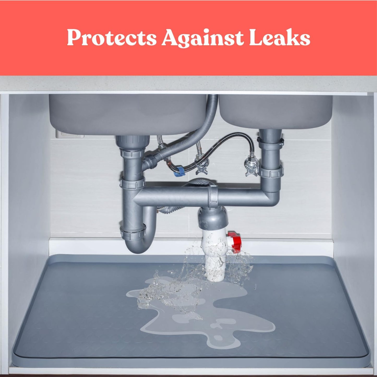 3 in 1 SET: Under Sink Mat with Cutout for Pipes-Cut to Size Under Sink Mat 34x22''-Cut to Fit Sink Mats Silicone