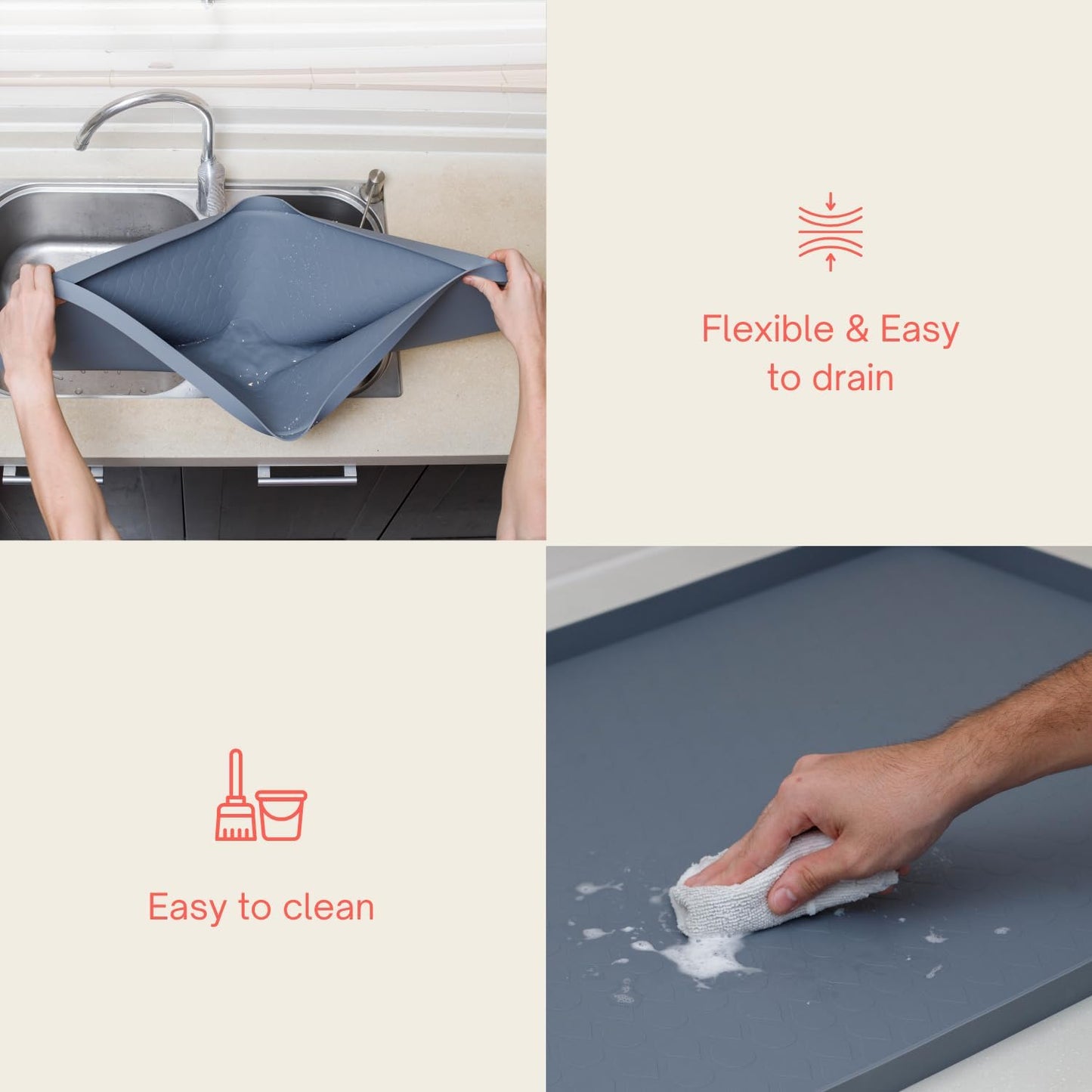 3 in 1 SET: Under Sink Mat with Cutout for Pipes-Cut to Size Under Sink Mat 34x22''-Cut to Fit Sink Mats Silicone