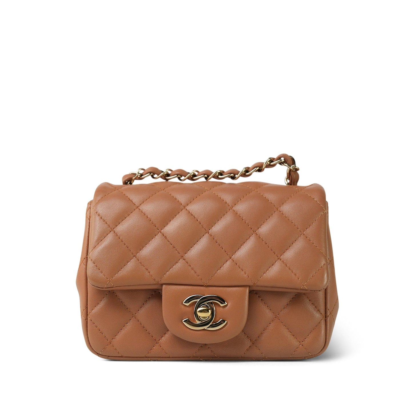 Caramel Lambskin Quilted Mini Square Flap LGHW