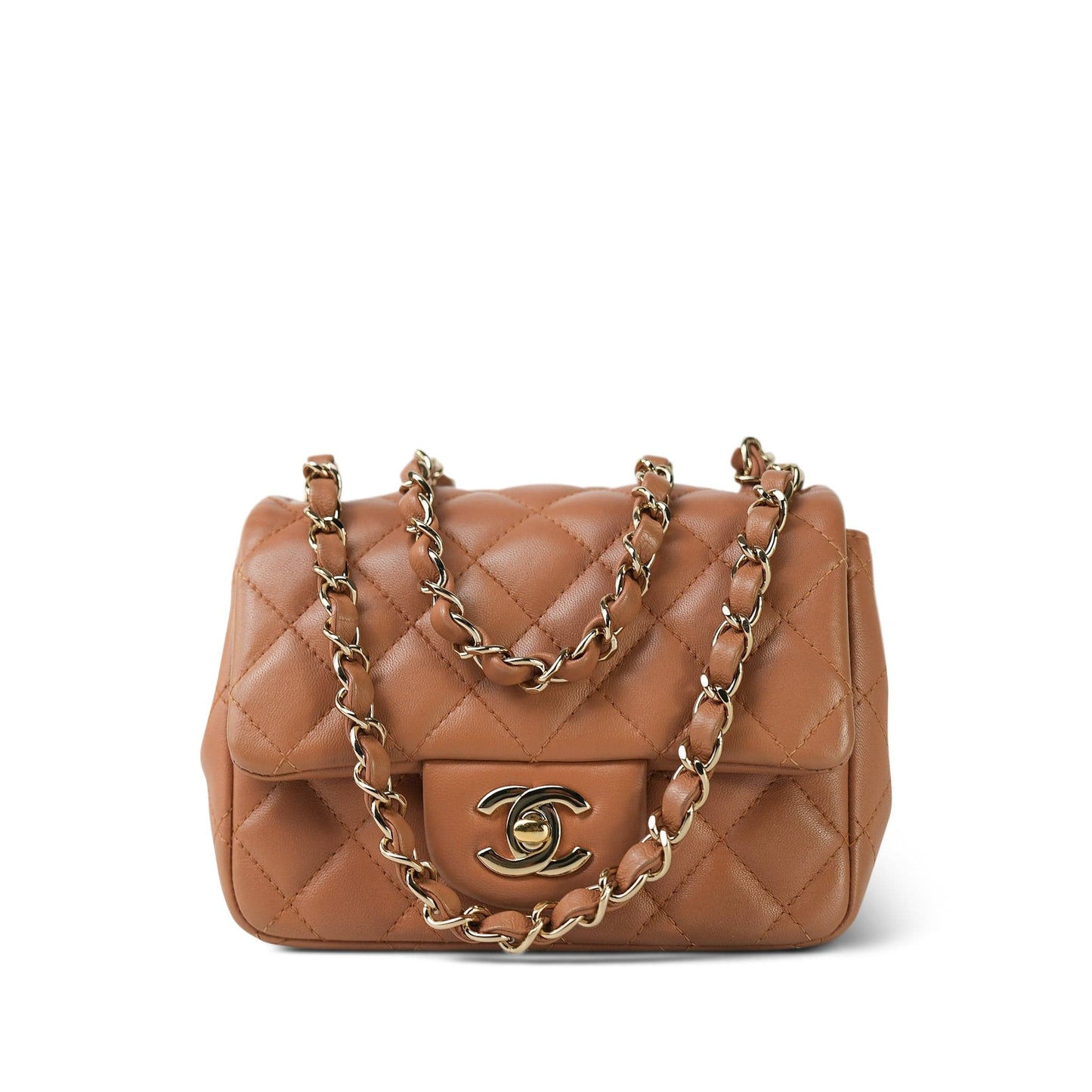 Caramel Lambskin Quilted Mini Square Flap LGHW