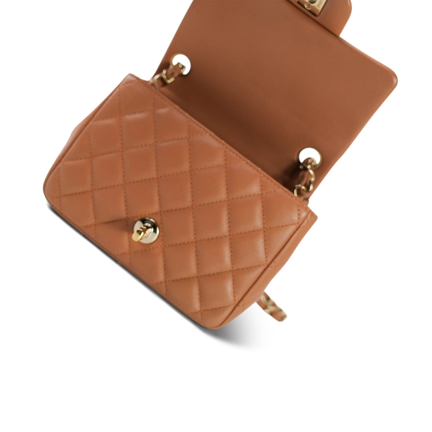 Caramel Lambskin Quilted Mini Square Flap LGHW