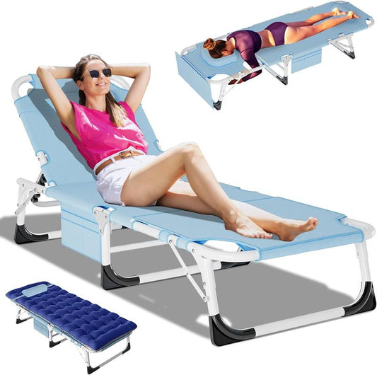 Docred Face down Tanning Chair with Cushion,Oversized 5-Position Recliner, Detachable Pillow, Portable Chaise Lounge for Sunbathing, Beach, Pool, Camping