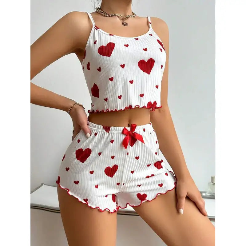 View details for Heart Printing Suspender Shorts Casual Sunken Stripe Outerwear European And American Style Women Pajamas