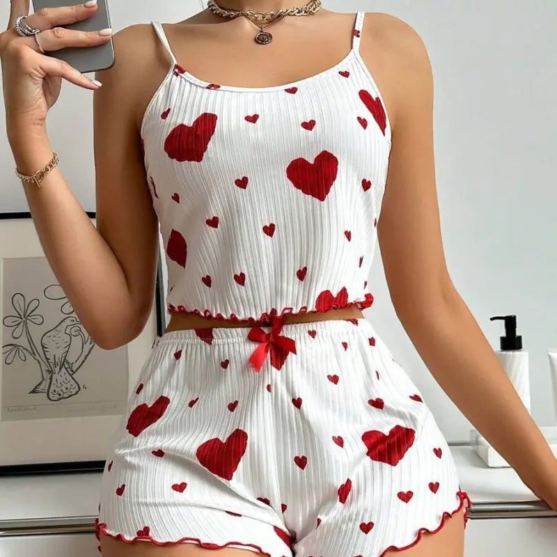 View details for Heart Printing Suspender Shorts Casual Sunken Stripe Outerwear European And American Style Women Pajamas