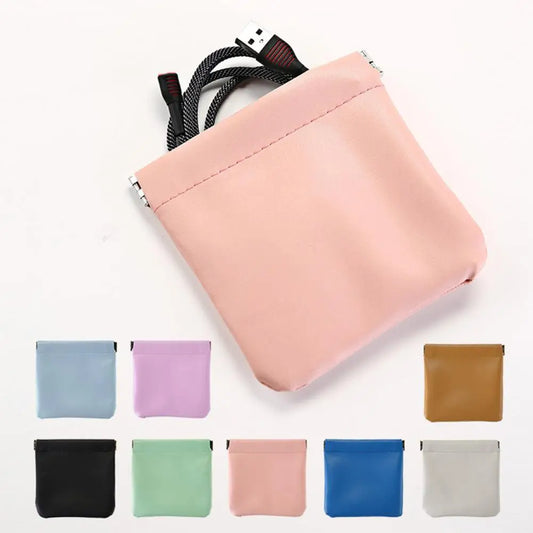 Small Storage Bag Automatic Closing Lipstick Pouch Leather Makeup Pouch Portable Coins Keys Cable Earphone Jewelry Organizer Bag