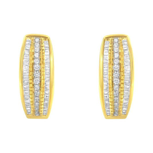 10K Yellow Gold 3/4 Cttw Pave and Channel Set Diamond Triple Row Modern Hoop Earrings (I-J Color, I2-I3 Clarity)