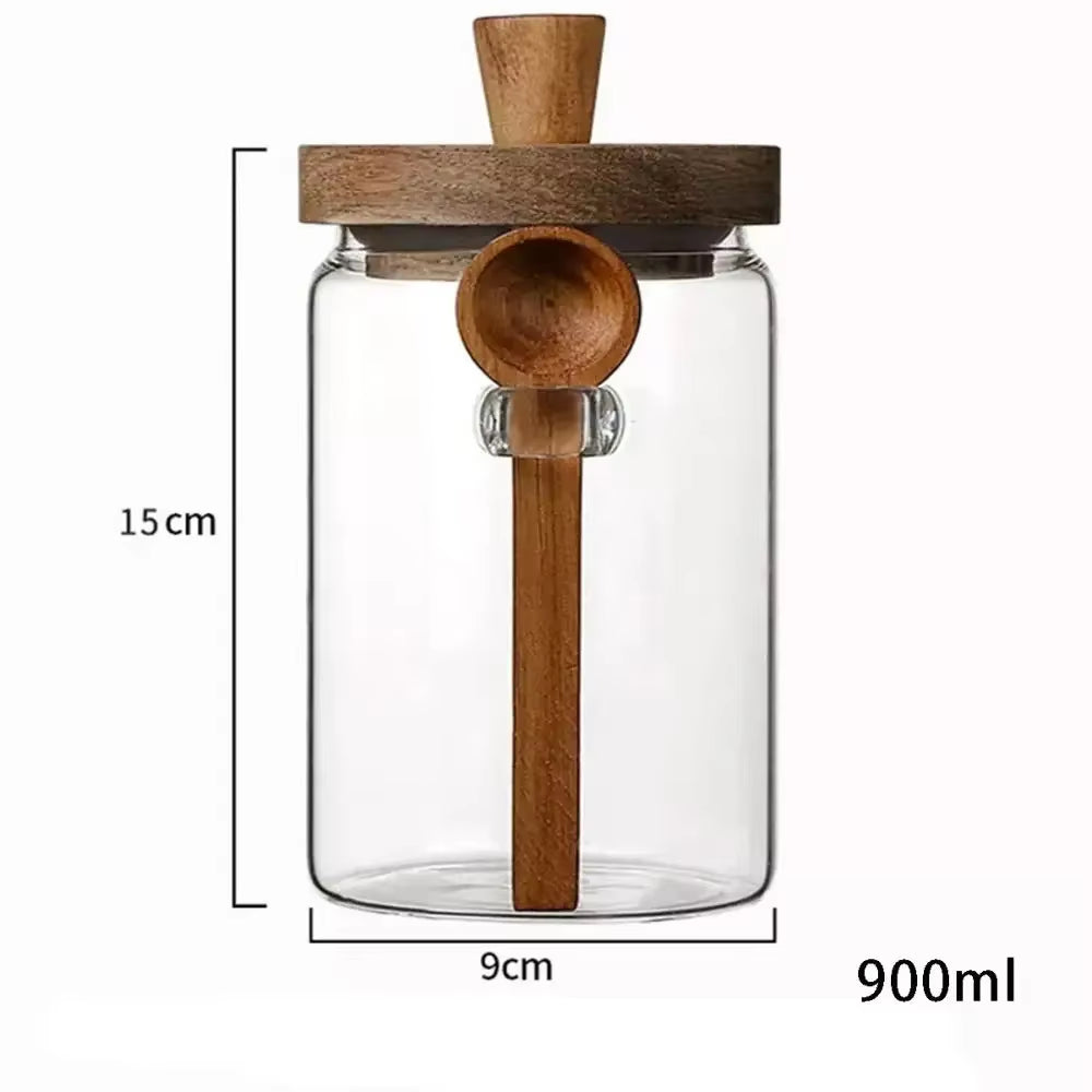 Glass Sealed Jar Five Grains Coffee and Tea Storage Can with Wooden Spoon Seasoning Bottle Kitchen Moisture-Proof Storage Tank