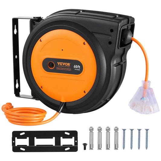 VEVOR Retractable Extension Cord Reel Power Cord Reel 65FT 12AWG 3C SJTOW