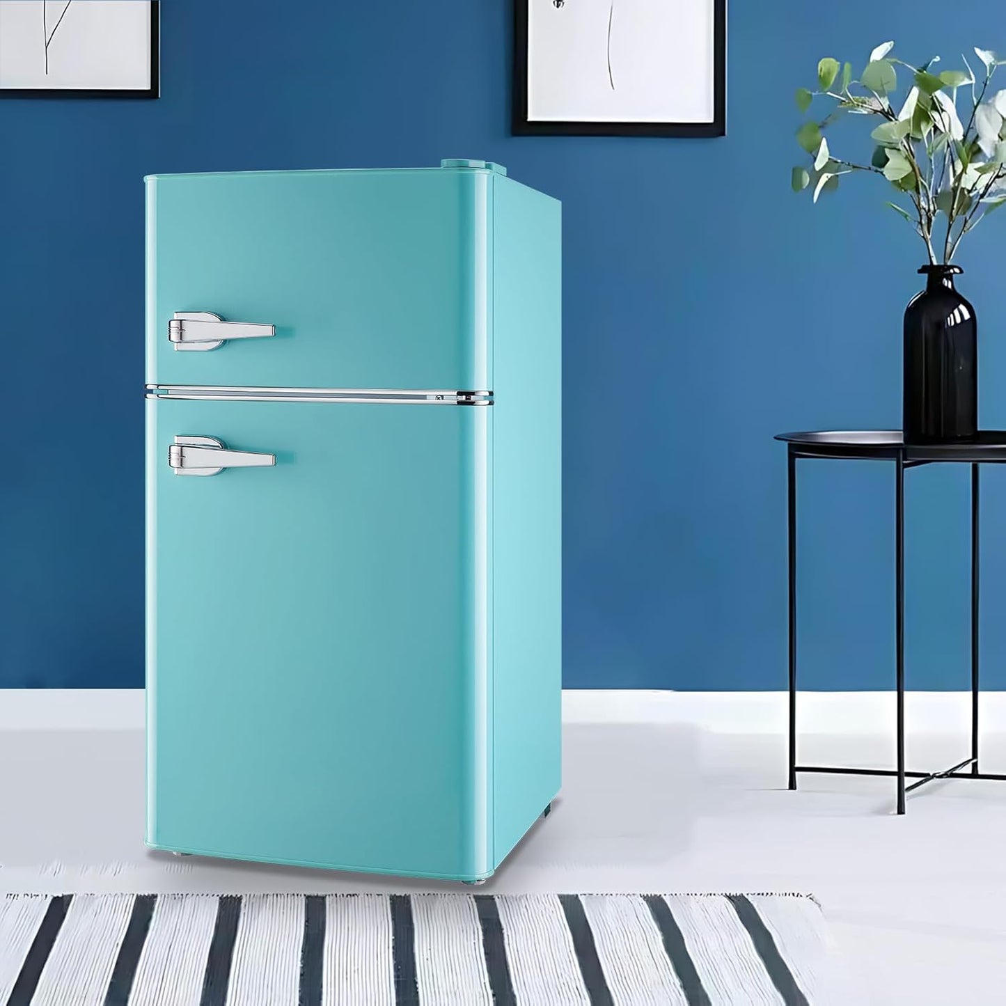 Small Refrigerator with Freezer Double Door Mini Fridge Adjustable Glass Shelves, Detachable Handle,7 Level Temperature Control Fridge for Dorm, Office, Apartment Blue