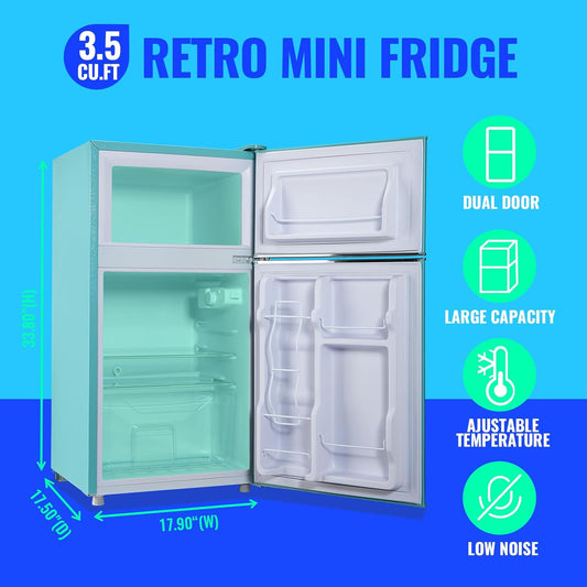 Small Refrigerator with Freezer Double Door Mini Fridge Adjustable Glass Shelves, Detachable Handle,7 Level Temperature Control Fridge for Dorm, Office, Apartment Blue