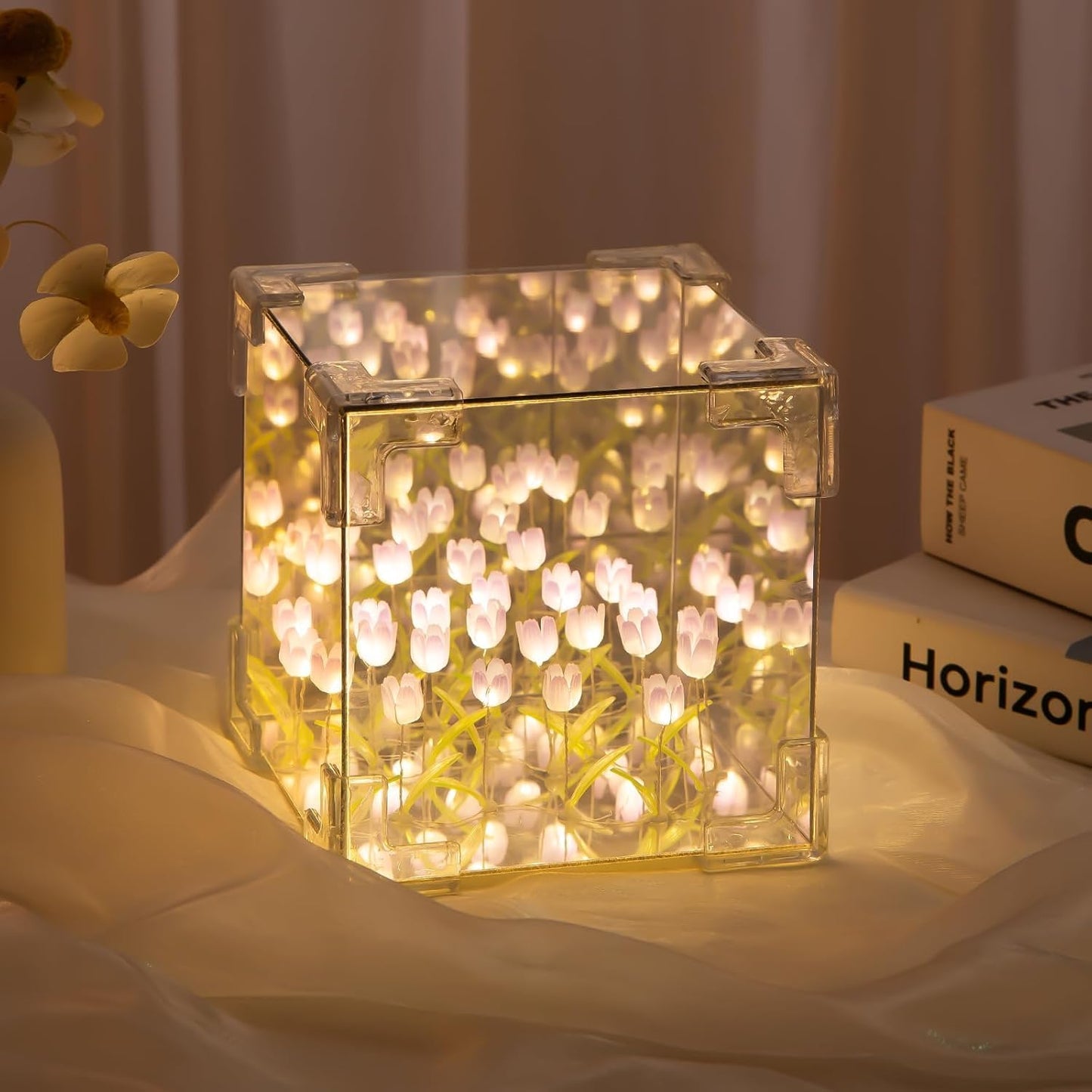Tulip Cube Mirror Lamp - 21 LED Flowers, 2-in-1 Decorative Lamp & Mirror, DIY Infinity Light for Bedroom & Living Room Decor, Romantic Table Ornament Gift Festival King Store Store