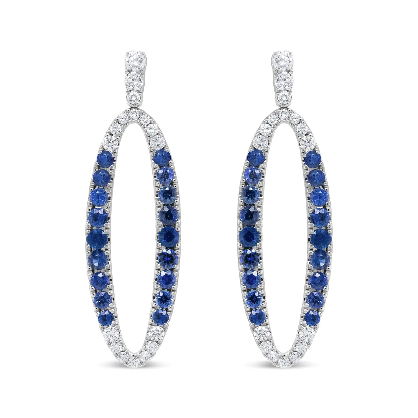 View details for 18K White Gold 1.11 Cttw Blue Round Diamond and Blue Sapphire Openwork Oval Shaped Dangle Earrings (F-G Color, VS1-VS2 Clarity) 18K White Gold 1.11 Cttw Blue Round Diamond and Blue Sapphire Openwork Oval Shaped Dangle Earrings (F-G Color,