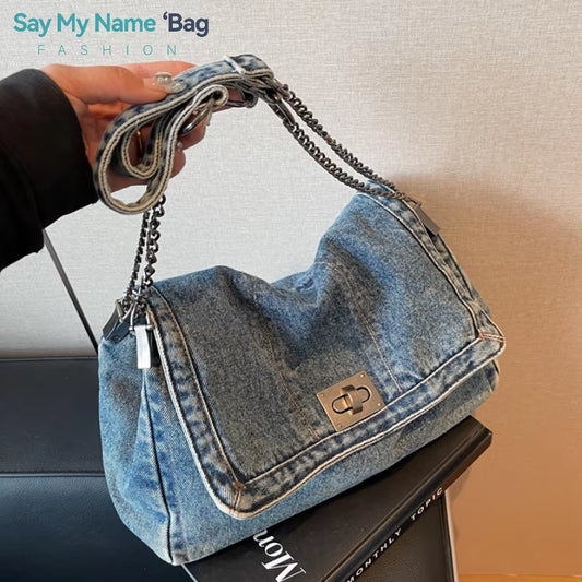 Solid Color Denim Canvas Shoulder Bag Multi Functional Fashionable Shoulder Bag Minimalist Casual Bag American Retro Handbag