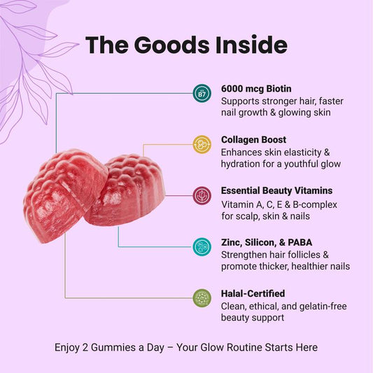 Halal Certified Hair, Skin, & Nails Gummies - Packed with Biotin, Collagen, Folate, & Essential Beauty Vitamins for Strong Hair, Glowing Skin & Healthy Nails - Easy Digestion & High Absorption - 60 Ct