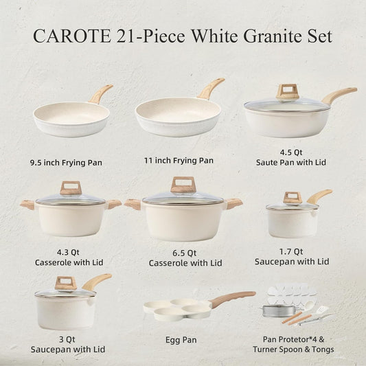 CAROTE 21Pcs Pots and Pans Set, Nonstick Cookware Sets, White Granite Induction Cookware Non Stick Cooking Set W/Frying Pans & Saucepans(Pfos, PFOA Free) Furniture Shopping Mall Store