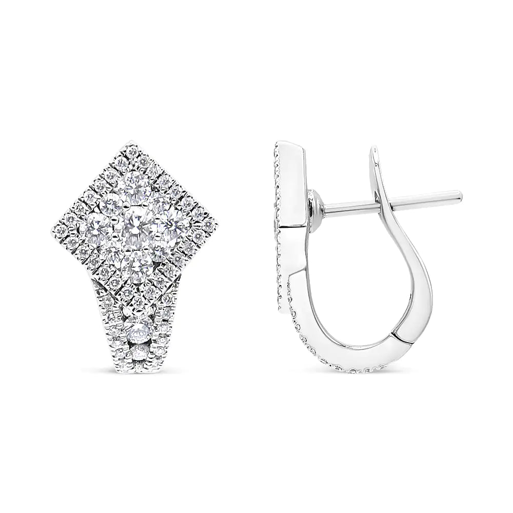 View details for 18K White Gold 1 1/10 Cttw Round Diamond Cluster with Halo Hoop Huggie Earring (F-G Color, VS1-VS2 Clarity)