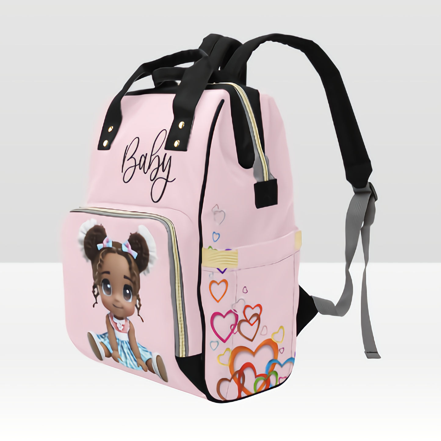 Designer Diaper Bag Backpack - African American Baby Girl Curly Locks
