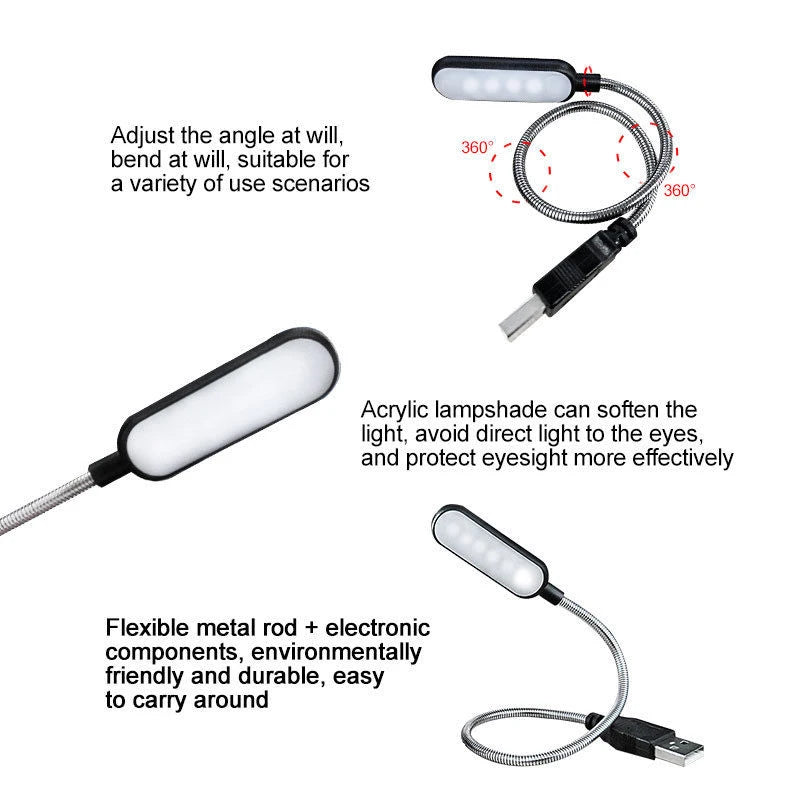 Mini 4 LED Book Lamp Portable USB Reading Night Lamp White/Warm Color
