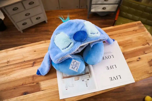 disney Stitch Cartoon Soft Hooded U-pillow Travel Pillow plus hat