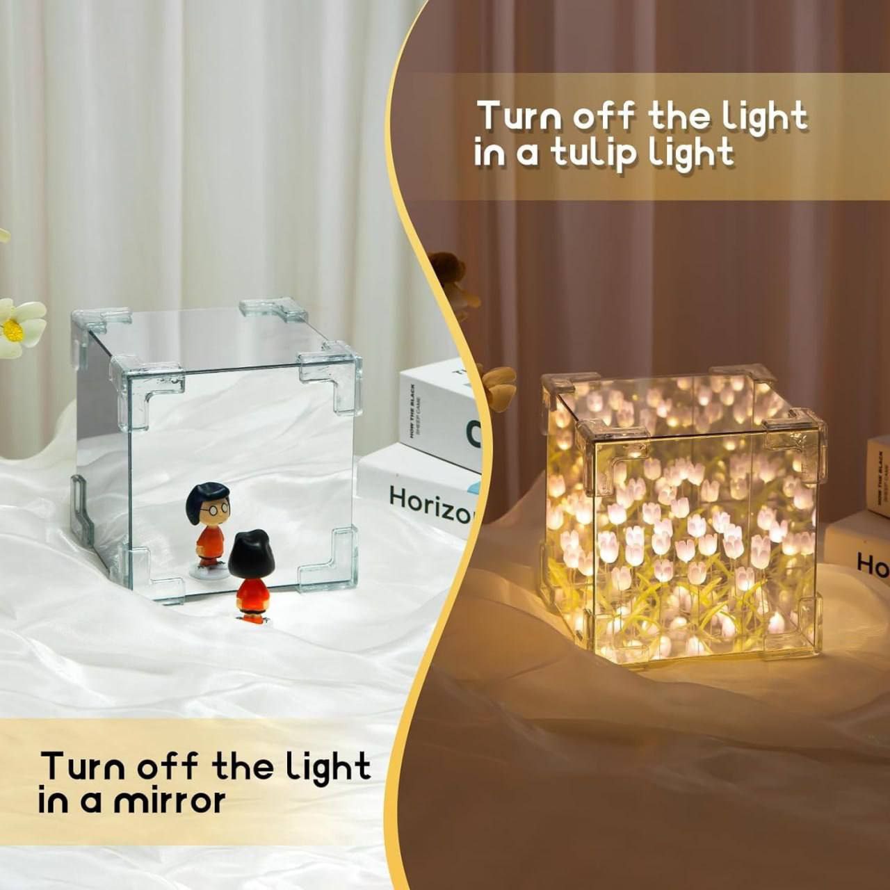Tulip Cube Mirror Lamp - 21 LED Flowers, 2-in-1 Decorative Lamp & Mirror, DIY Infinity Light for Bedroom & Living Room Decor, Romantic Table Ornament Gift Festival King Store Store