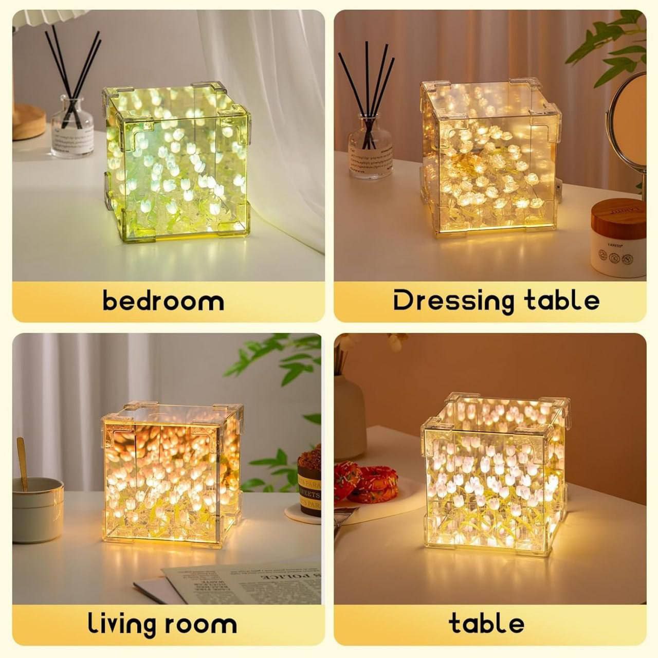 Tulip Cube Mirror Lamp - 21 LED Flowers, 2-in-1 Decorative Lamp & Mirror, DIY Infinity Light for Bedroom & Living Room Decor, Romantic Table Ornament Gift Festival King Store Store