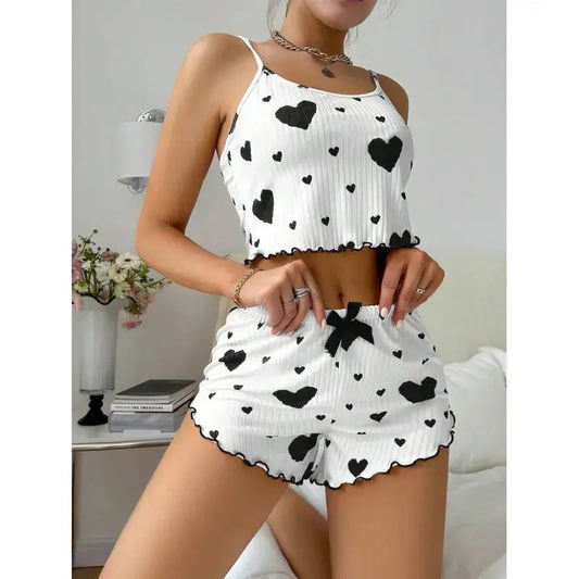 View details for Heart Printing Suspender Shorts Casual Sunken Stripe Outerwear European And American Style Women Pajamas