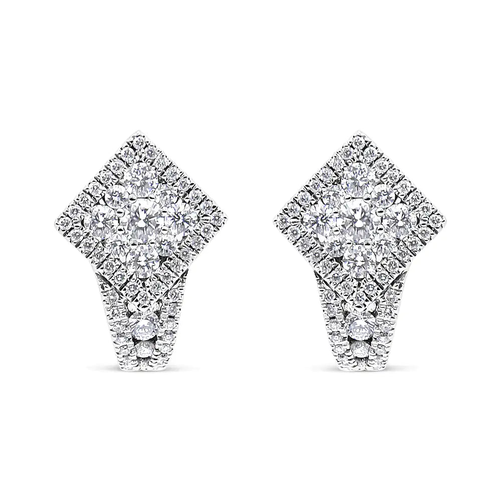 View details for 18K White Gold 1 1/10 Cttw Round Diamond Cluster with Halo Hoop Huggie Earring (F-G Color, VS1-VS2 Clarity)