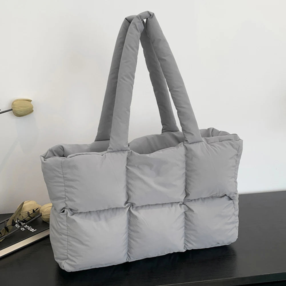 Women Puffer Shoulder Bag Solid Color Quilted Fashion Shopping Bag Large Capacity Soft Cloud Tote Bag Trendy Commuting Bags