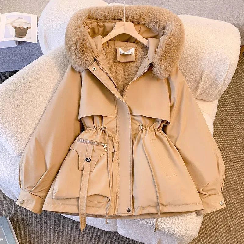 Fleece Lined Hood Down Jacket Winter Coat for Women Warm Drawstring Padded Parkas Korean Casual Streetwear Female Puffer Outwear Stone's Store