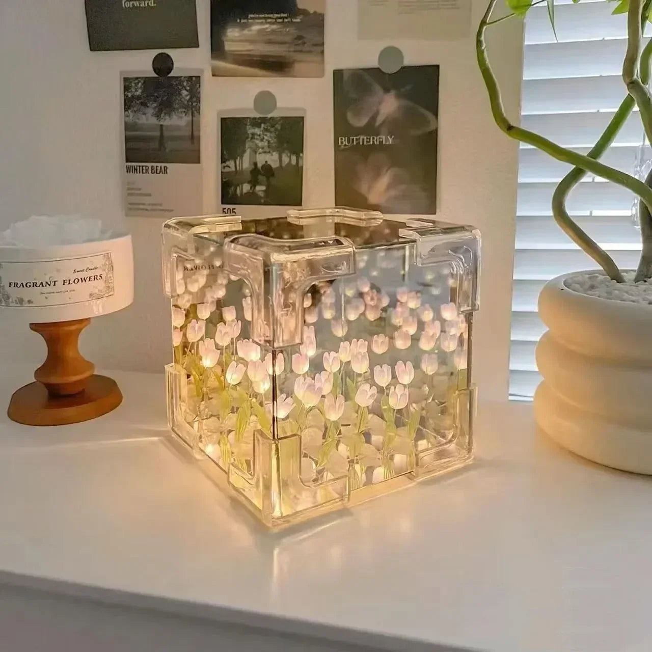 Tulip Cube Mirror Lamp - 21 LED Flowers, 2-in-1 Decorative Lamp & Mirror, DIY Infinity Light for Bedroom & Living Room Decor, Romantic Table Ornament Gift Festival King Store Store