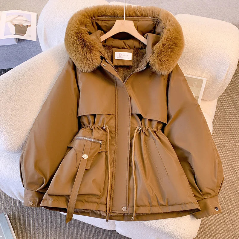 Fleece Lined Hood Down Jacket Winter Coat for Women Warm Drawstring Padded Parkas Korean Casual Streetwear Female Puffer Outwear Stone's Store