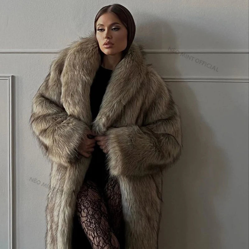 Neo Mint Luxury Mob Wife Aesthetic Long Faux Fur Coat Women Winter