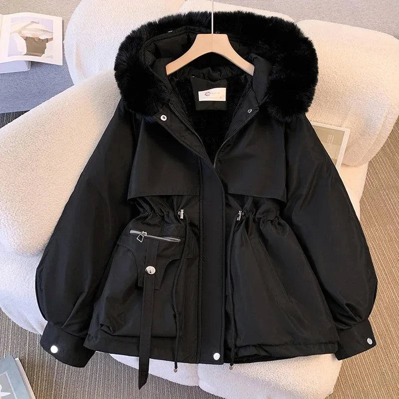 Fleece Lined Hood Down Jacket Winter Coat for Women Warm Drawstring Padded Parkas Korean Casual Streetwear Female Puffer Outwear Stone's Store