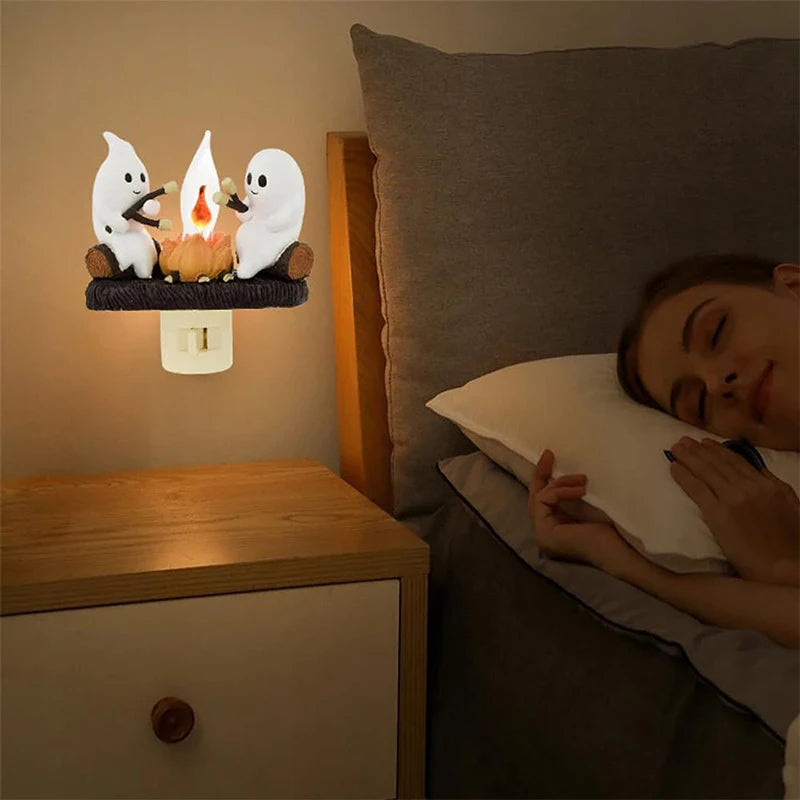 Cute Ghost Campfire Night Light Halloween Pumpkin Flickering Room