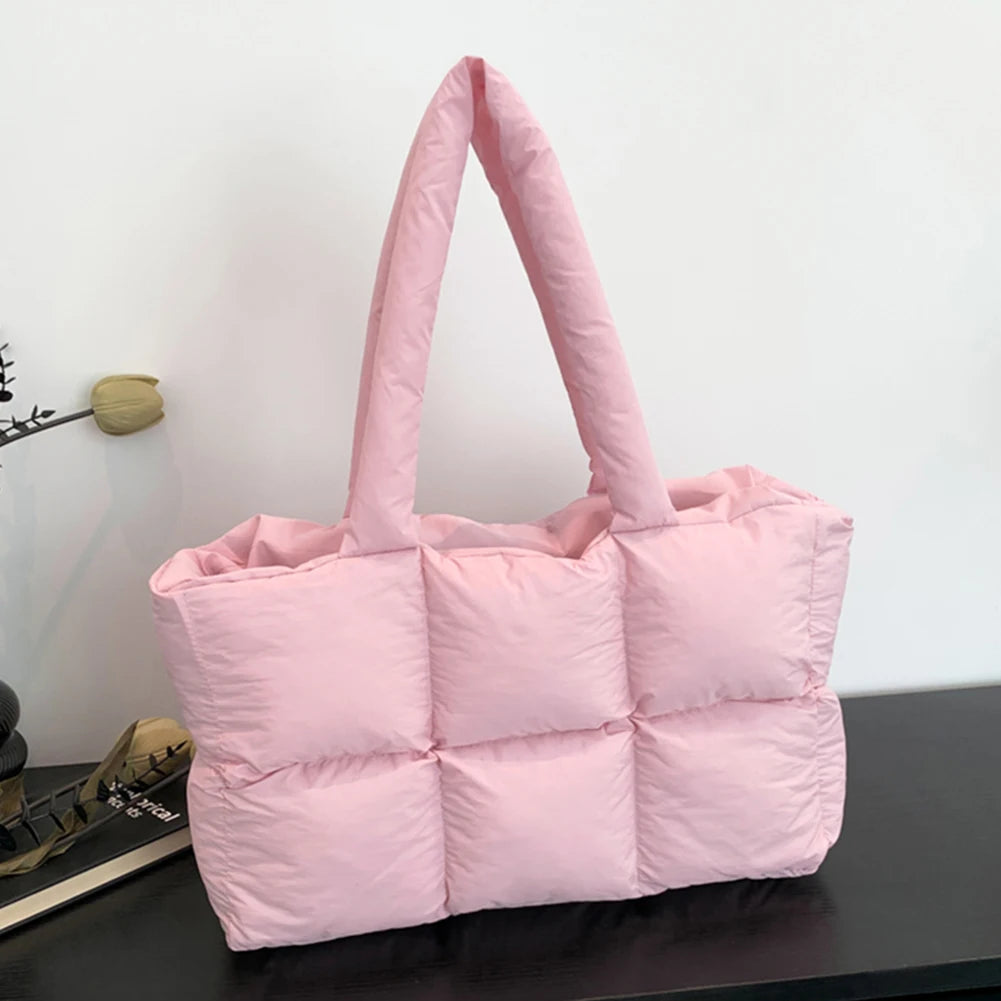 Women Puffer Shoulder Bag Solid Color Quilted Fashion Shopping Bag Large Capacity Soft Cloud Tote Bag Trendy Commuting Bags
