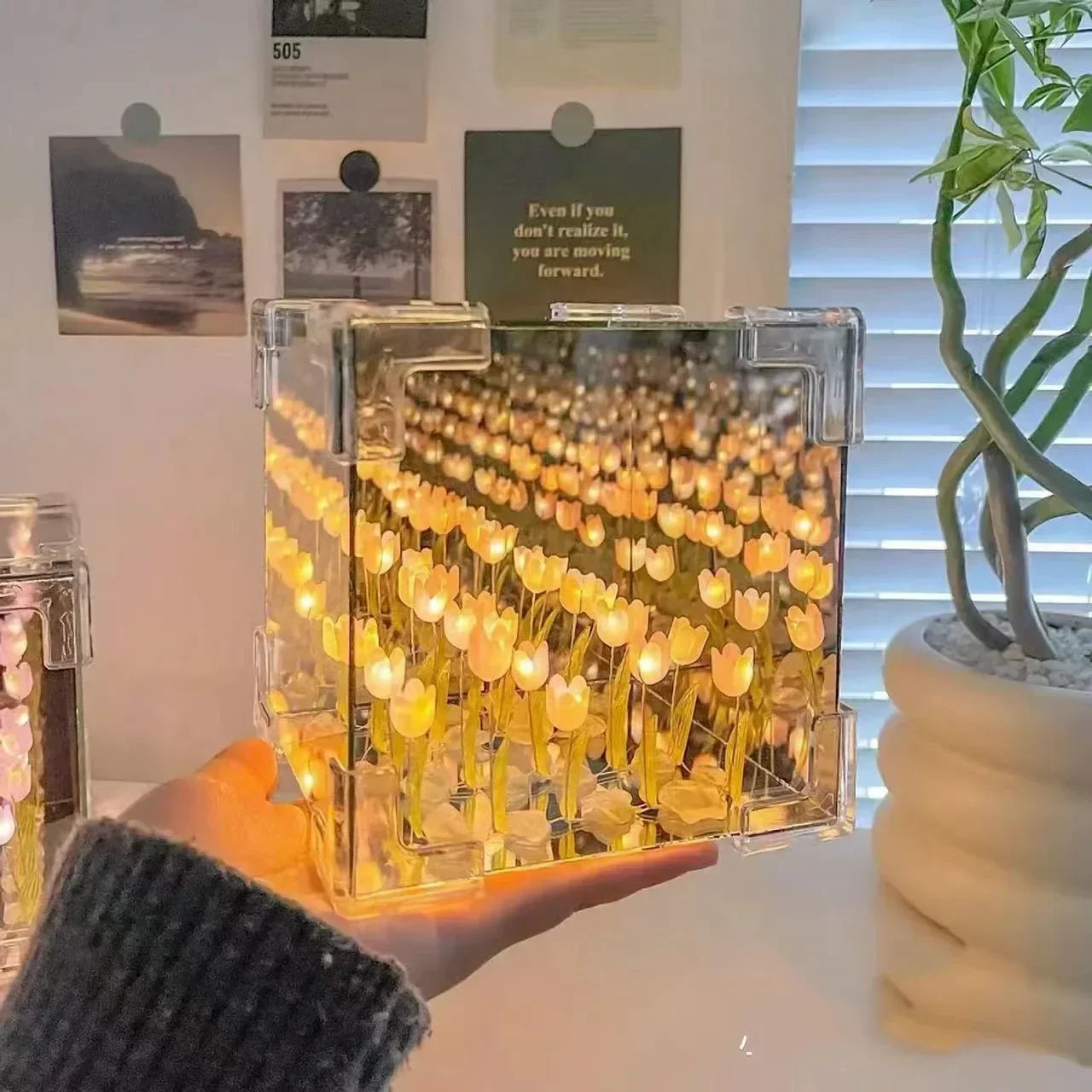 Tulip Cube Mirror Lamp - 21 LED Flowers, 2-in-1 Decorative Lamp & Mirror, DIY Infinity Light for Bedroom & Living Room Decor, Romantic Table Ornament Gift Festival King Store Store