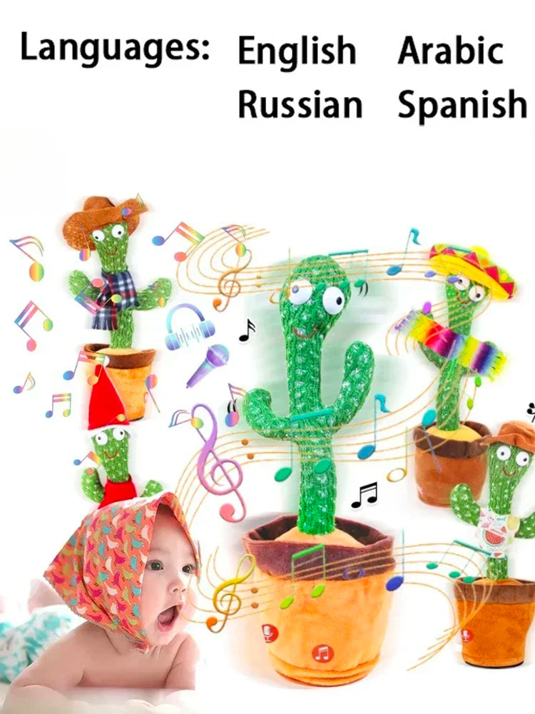 A talking cactus toy that can be charged, recorded, and repeated. Suitable for Spanish, English, and Arabic voice changer