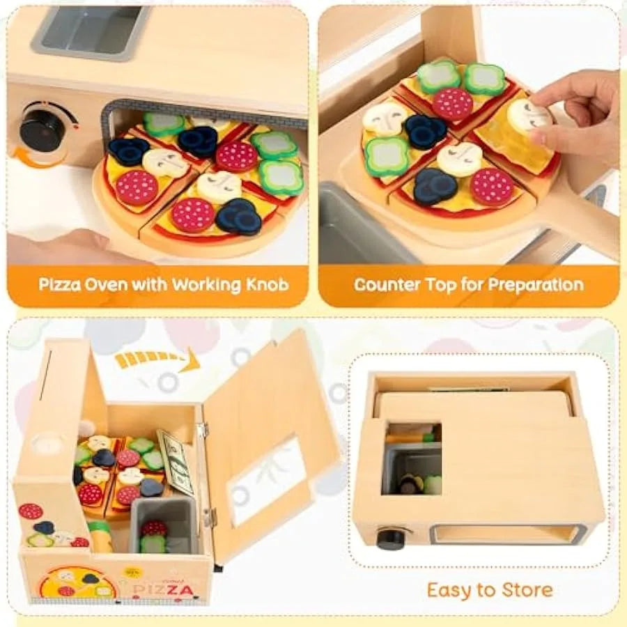 Wooden Pizza Toy - 48 PCS Montessori Pretend Play Food for Ages 3+ Educational Learning Toy Wooden Playset with Bake Oven Chris