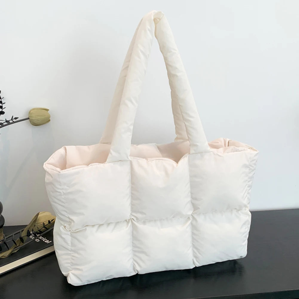Women Puffer Shoulder Bag Solid Color Quilted Fashion Shopping Bag Large Capacity Soft Cloud Tote Bag Trendy Commuting Bags
