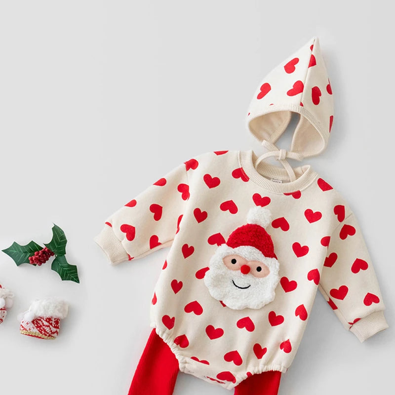 View details for Christmas Baby Sweater Santa Clause Long Sleeve Romper Hat Heart Red