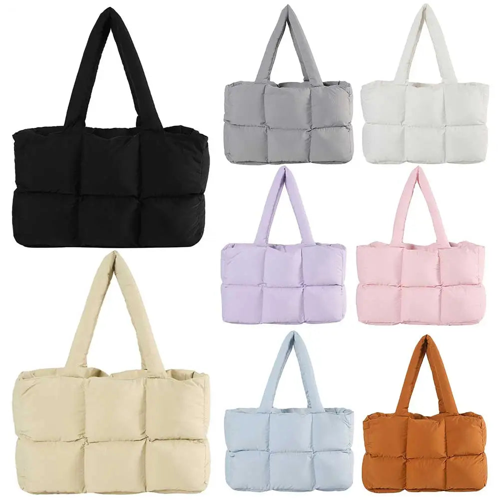 Women Puffer Shoulder Bag Solid Color Quilted Fashion Shopping Bag Large Capacity Soft Cloud Tote Bag Trendy Commuting Bags