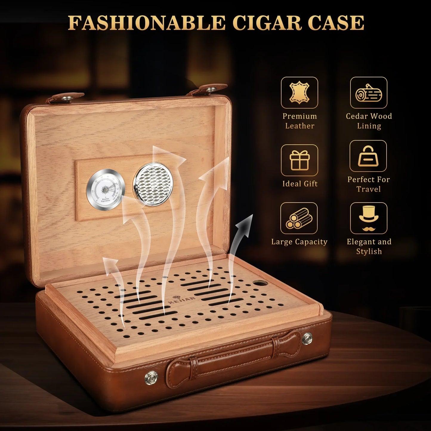 Cigar Humidor Case with Hygrometer, Humidor Box, Humidifier, Divider, Travel Cigar Case,Cedar Wood, Hold up to 50 Cigars