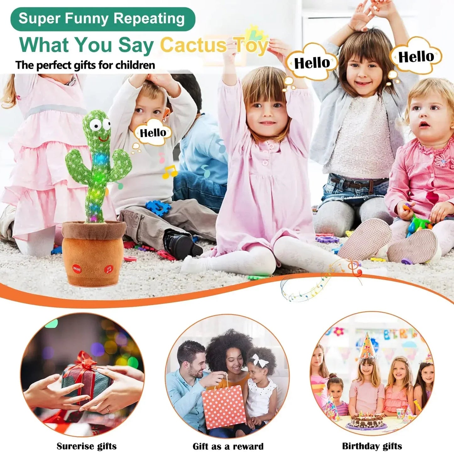 A talking cactus toy that can be charged, recorded, and repeated. Suitable for Spanish, English, and Arabic voice changer