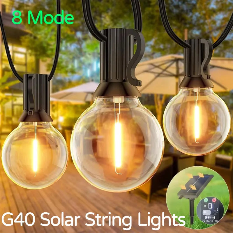 G40 Solar String Lights Outdoor Solar Globe String Bulb Patio Hanging Lights Waterproof Garden Pergola Bistro Deck Decor 8Mode