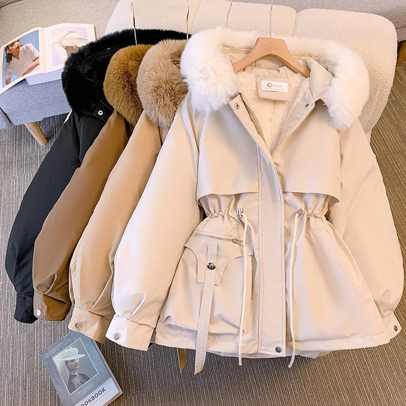 Fleece Lined Hood Down Jacket Winter Coat for Women Warm Drawstring Padded Parkas Korean Casual Streetwear Female Puffer Outwear Stone's Store