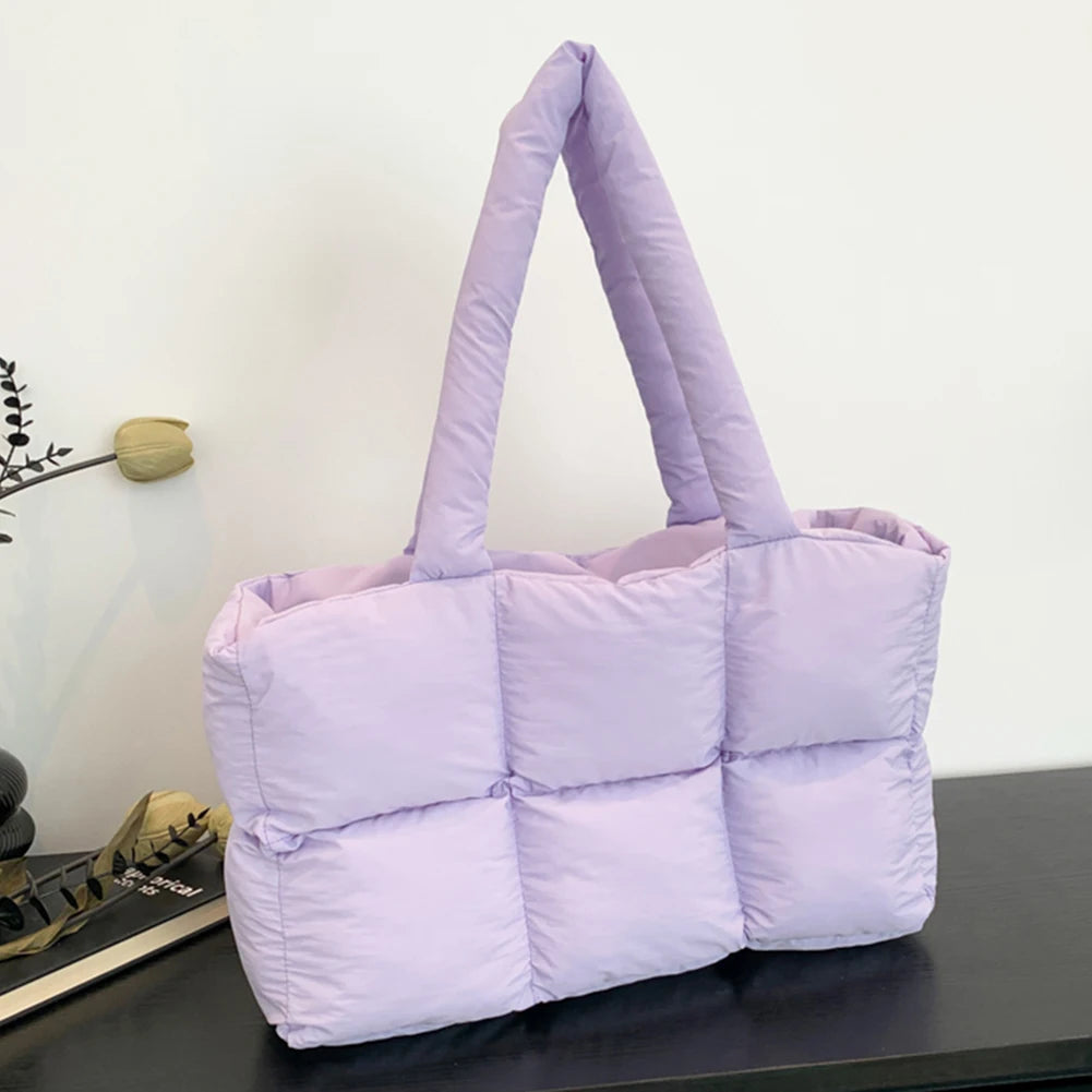 Women Puffer Shoulder Bag Solid Color Quilted Fashion Shopping Bag Large Capacity Soft Cloud Tote Bag Trendy Commuting Bags