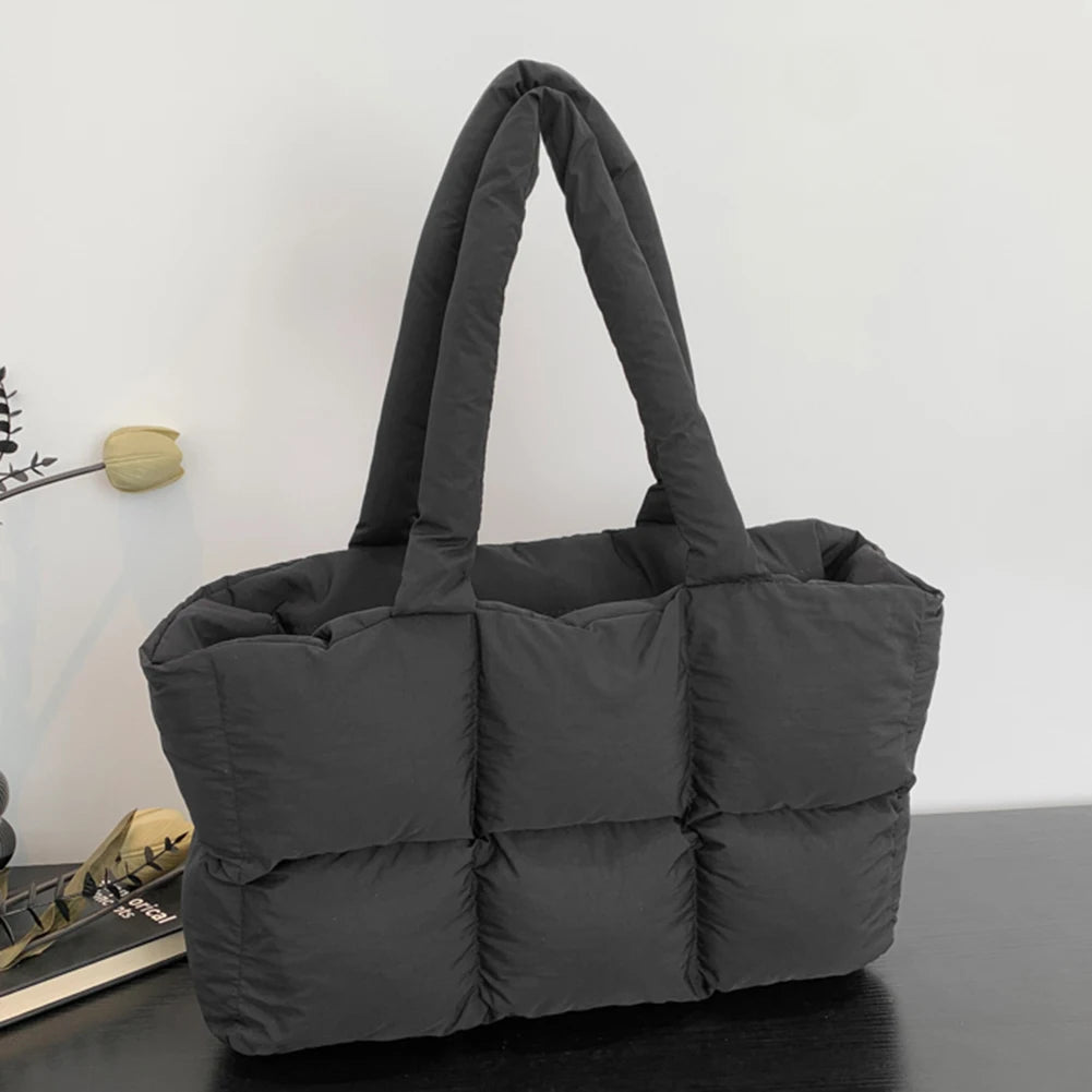 Women Puffer Shoulder Bag Solid Color Quilted Fashion Shopping Bag Large Capacity Soft Cloud Tote Bag Trendy Commuting Bags