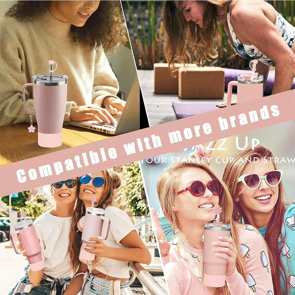 9pcs Accessories Set 3 Spill Proof Stopper Flowers Straw Cover Boot 2 Straw and Brush and 1 Flower Charm Chain for Stanley Cup Shop1103950439 Store