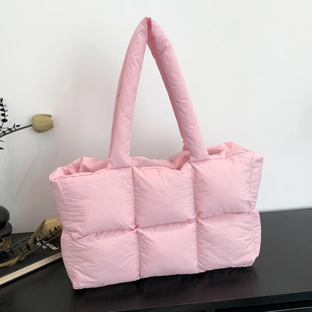 Women Puffer Shoulder Bag Solid Color Quilted Fashion Shopping Bag Large Capacity Soft Cloud Tote Bag Trendy Commuting Bags